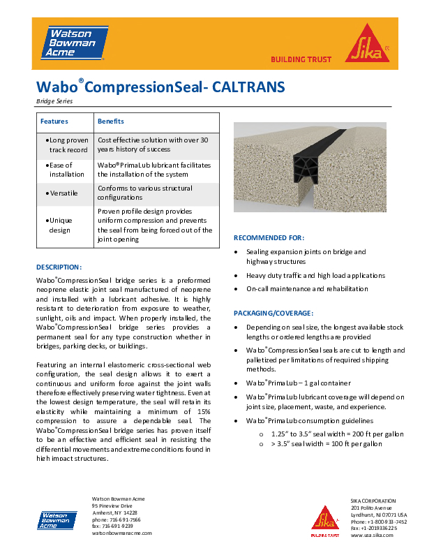 Wabo Compression Seal Bridge CALTRANS Data Sheet Cover