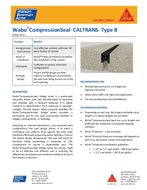 Wabo Compression Seal Bridge CALTRANS Data Sheet Cover