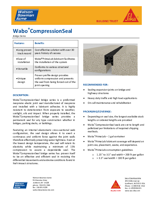 Wabo Compression Seal Bridge Data Sheet Cover