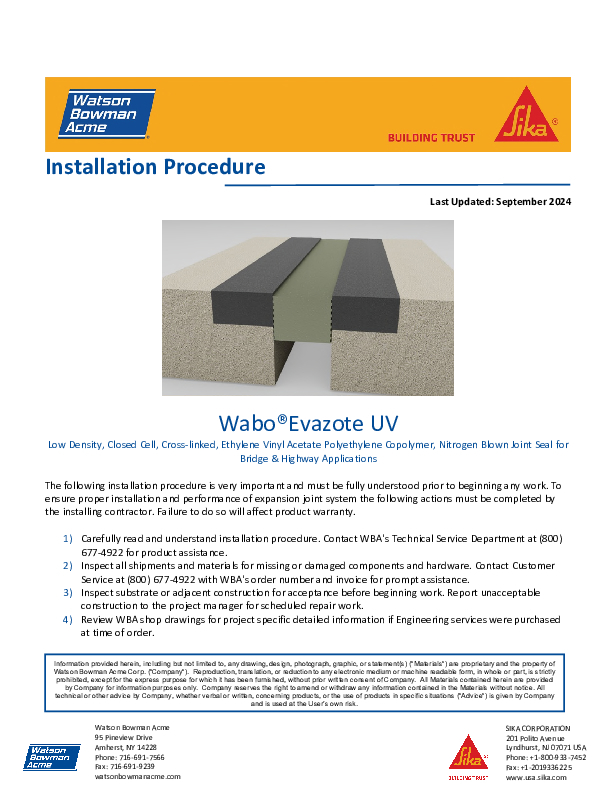 Wabo®Evazote (UV) Installation Procedure Cover