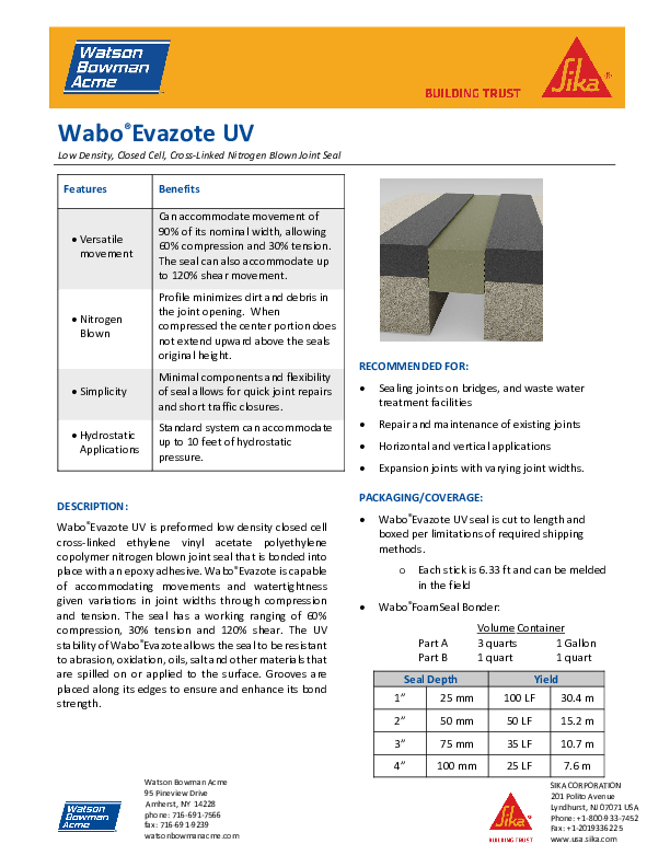 Wabo Evazote UV Data Sheet Cover