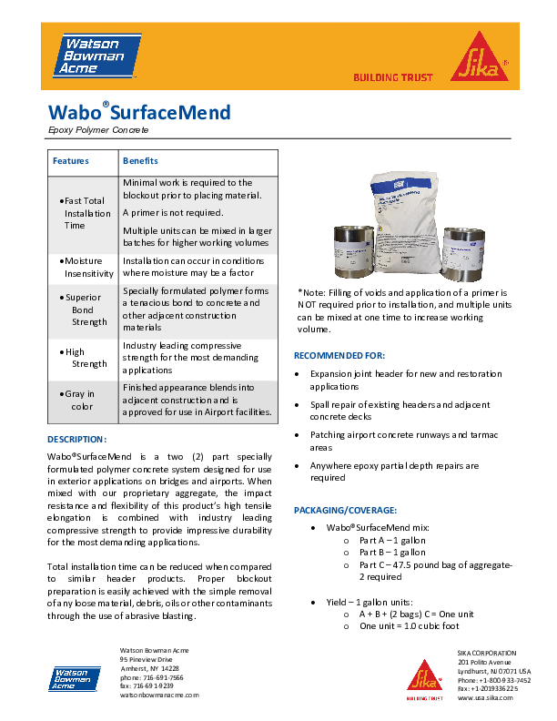 Wabo®SurfaceMend Technical Data Sheet Cover