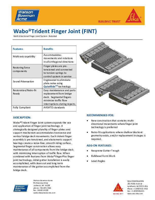 Wabo®Trident Finger Joint (FINT) Technical Data Sheet Cover