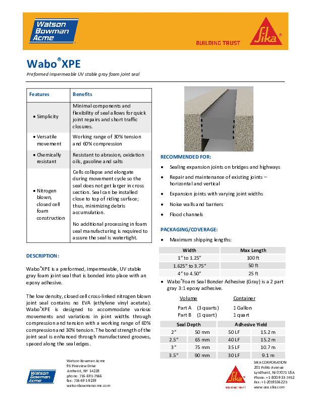 Wabo XPE Data Sheet Cover